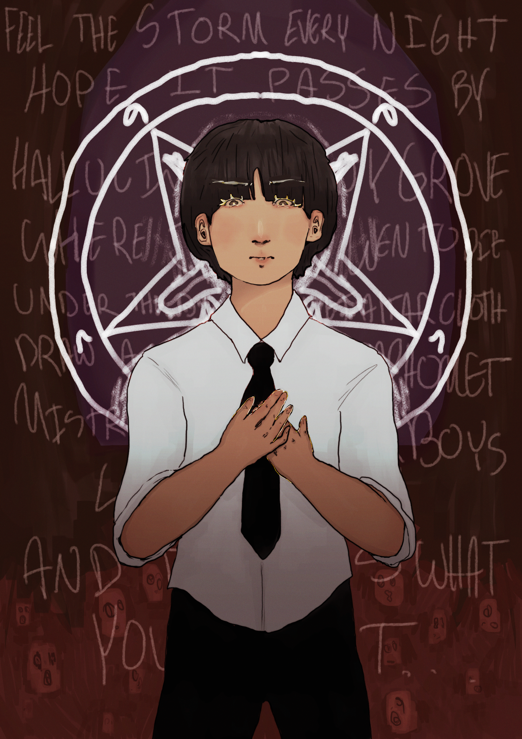 One character in front of a satanic symbol and song lyrics